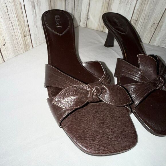 Y2K Brown Leather Square-Toe Heeled Mules | Michelle D Brazil | Knotted Slip-On - Picture 1 of 13